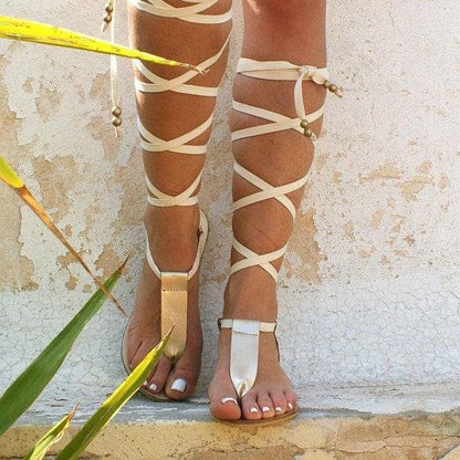 Damen Gladiator Sandalen Leder Beige
