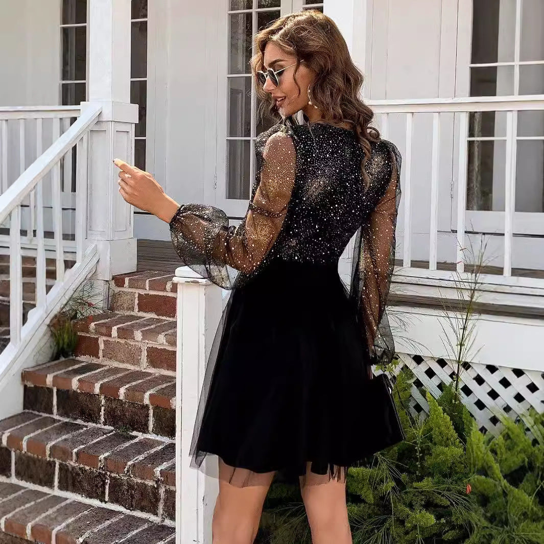 Damen Cocktailkleid Glitzerndes Oberteil Transparente Ärmel Norvielle