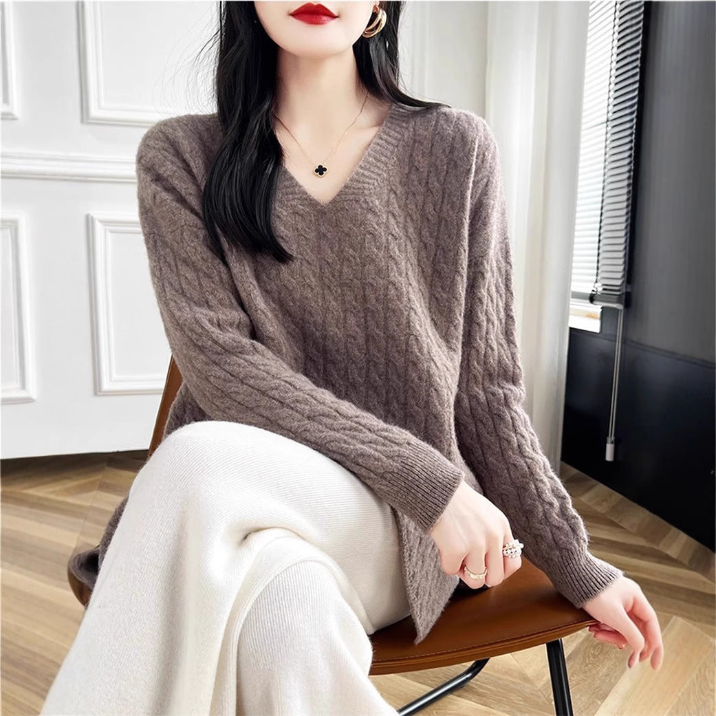 Damen Pullover V-Ausschnitt Lässig Zopfmuster Norvielle
