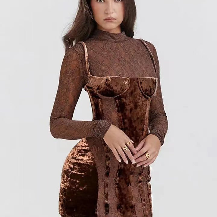 Damen Minikleid Spitze Samt Detail Figurbetont