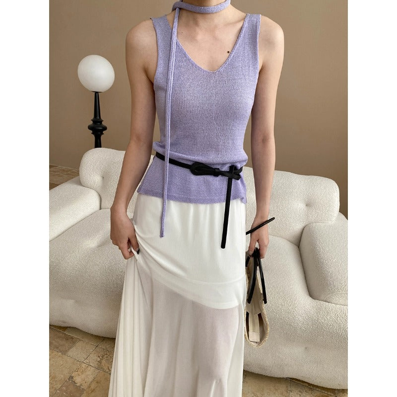 Damen Maxikleid Elegant Fließender Schnitt Dekorativer Gürtel