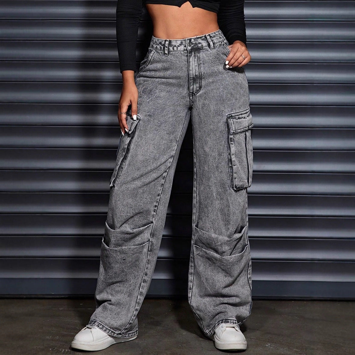 Damen Hochbund-Cargo-Jeans mit Seitentaschen Norvielle - Norvielle