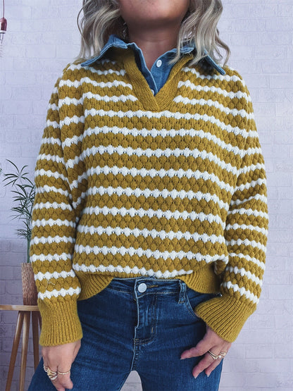 Damen Strickpullover V-Ausschnitt Streifenmuster