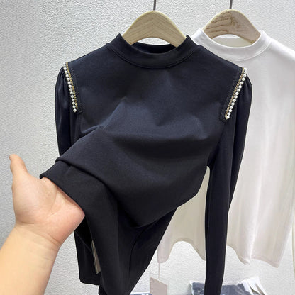 Damen Elegantes Longsleeve Oberteil mit Perlenapplikationen - Norvielle