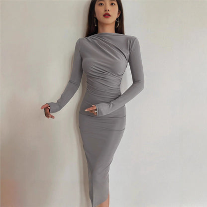 Damen Langarmkleid Figurbetont Raffung Elegant Norvielle