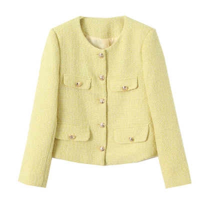 Damen Tweedjacke Elegant Dekorative Knöpfe Beige