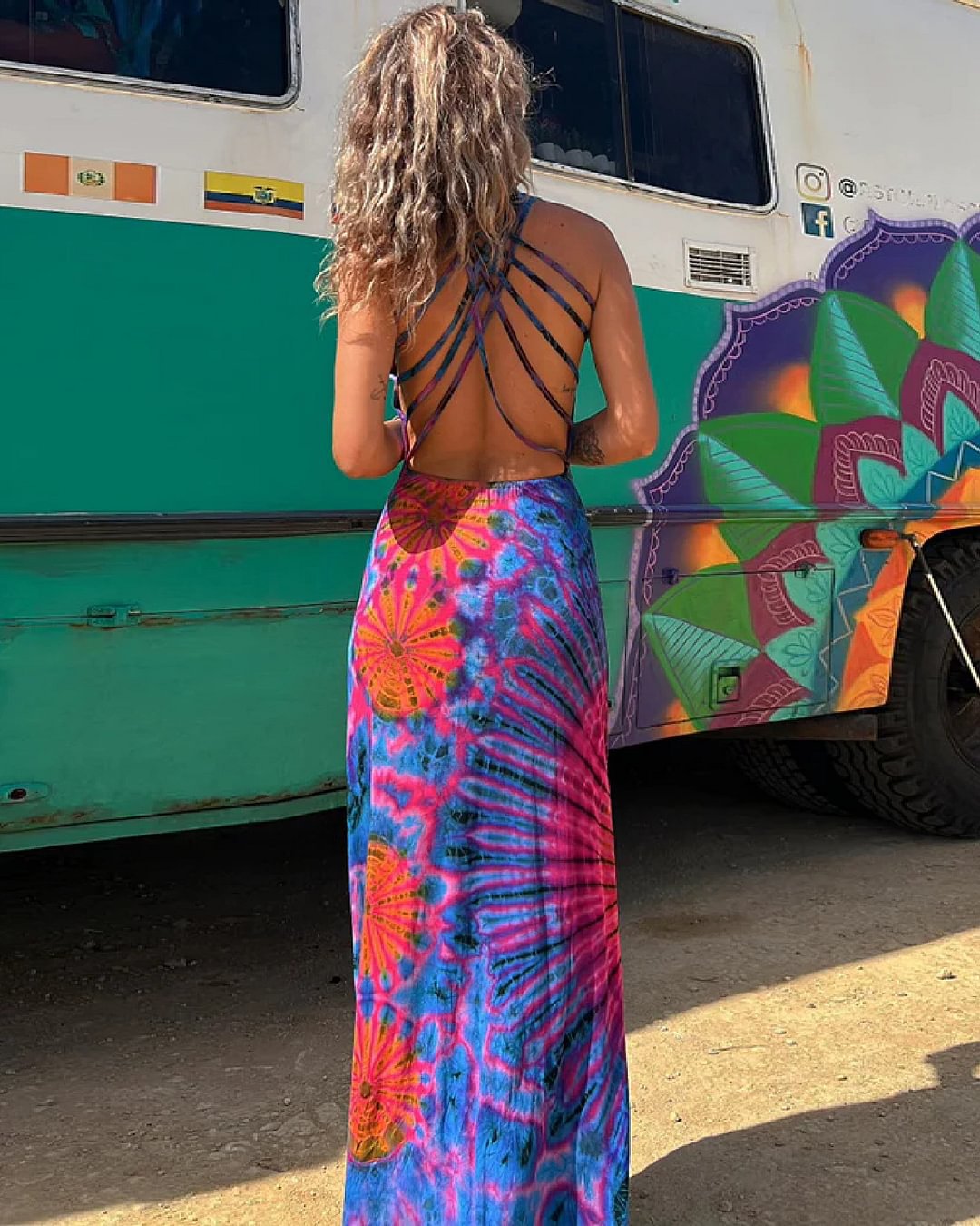 Norvielle Damen Maxikleid Spitze Tie-Dye-Print