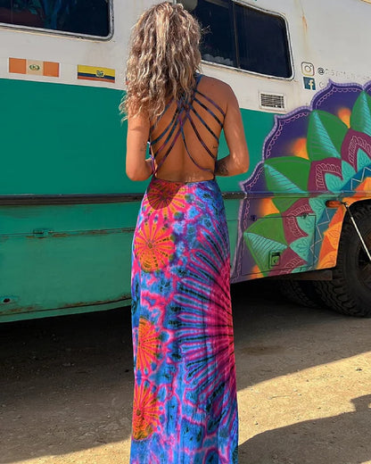 Norvielle Damen Maxikleid Spitze Tie-Dye-Print