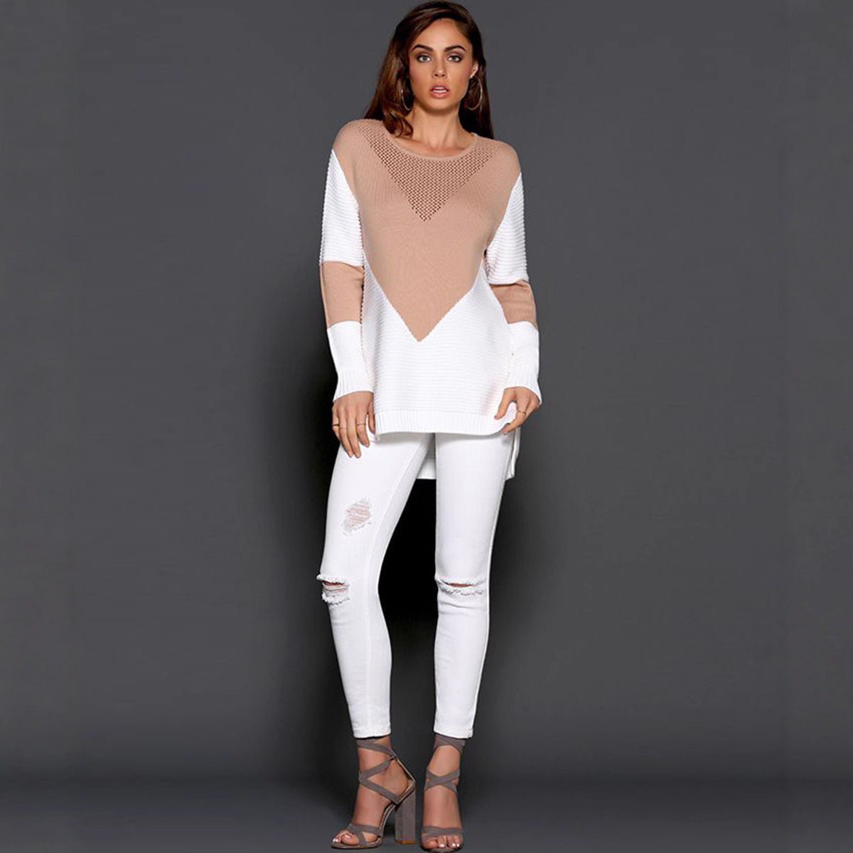 Damen Strickpullover mit Strukturdesign und Kontrastärmeln