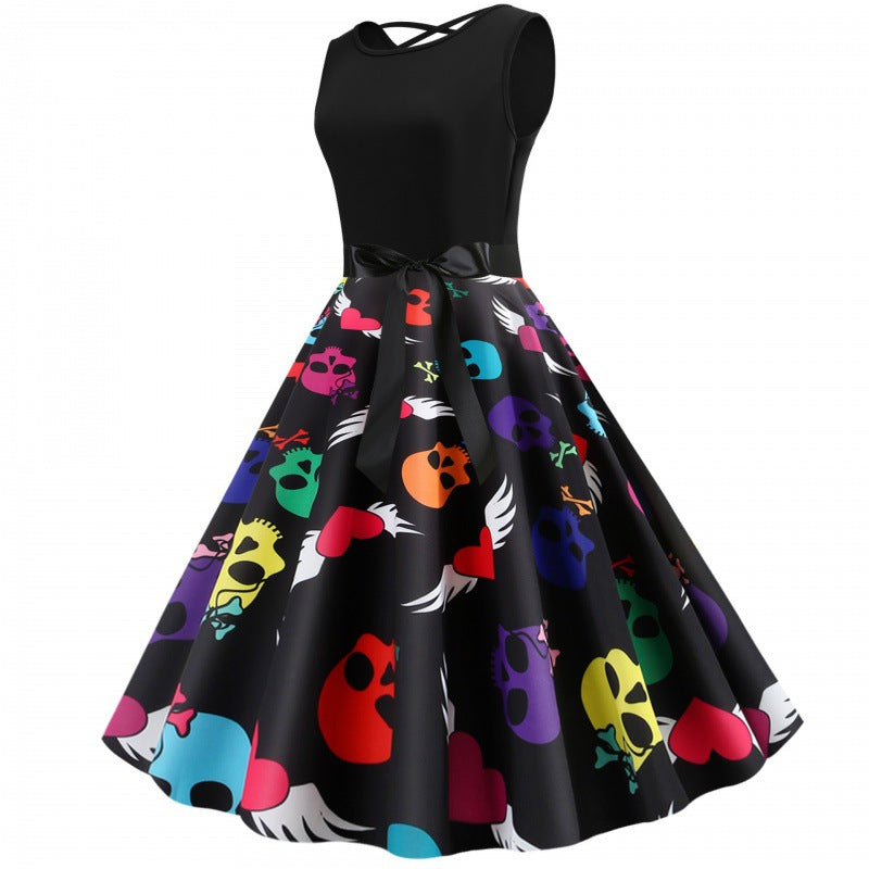 Damen Swingkleid Totenkopf-Design Bindegürtel Bunt