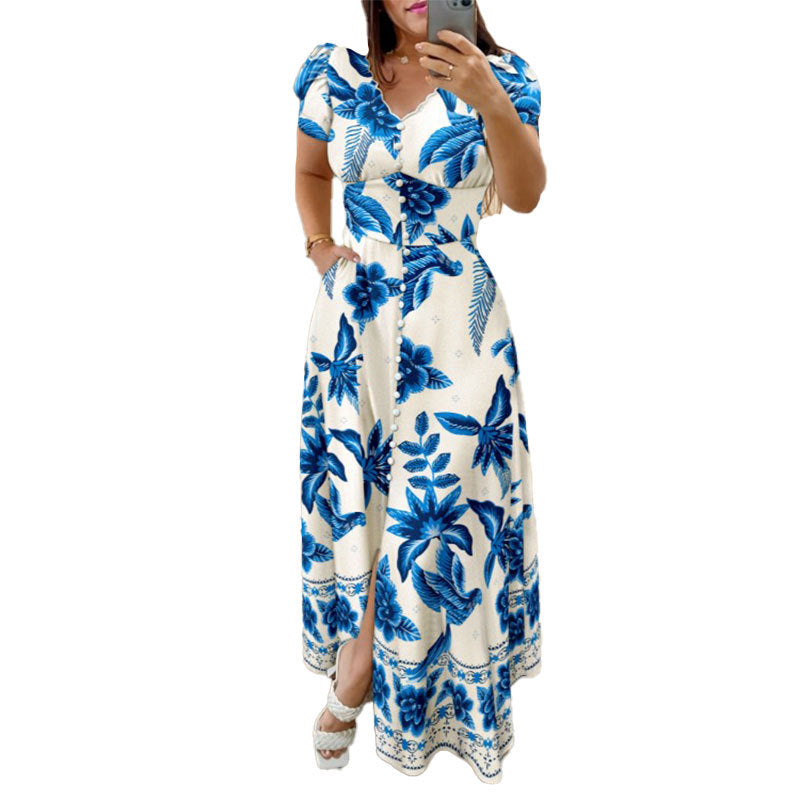 Damen Maxikleid Florales Design Knöpfe Norvielle