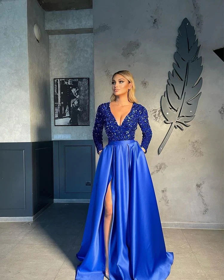 Damen Abendkleid Pailletten Hochschlitz Norvielle