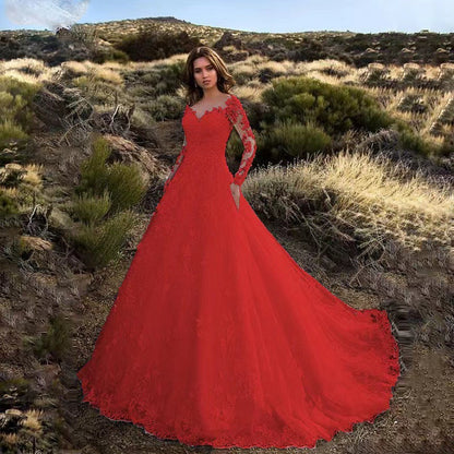 Damen Abendkleid Spitze V-Ausschnitt Lange Ärmel