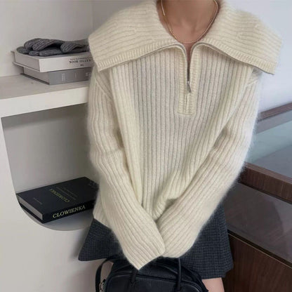 Damen Strickpullover Großer Kragen Reißverschluss Norvielle