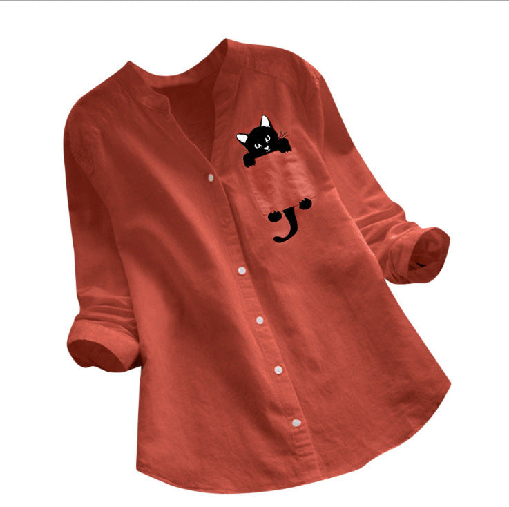Damen Bluse Katzenmotiv Baumwolle Trendig