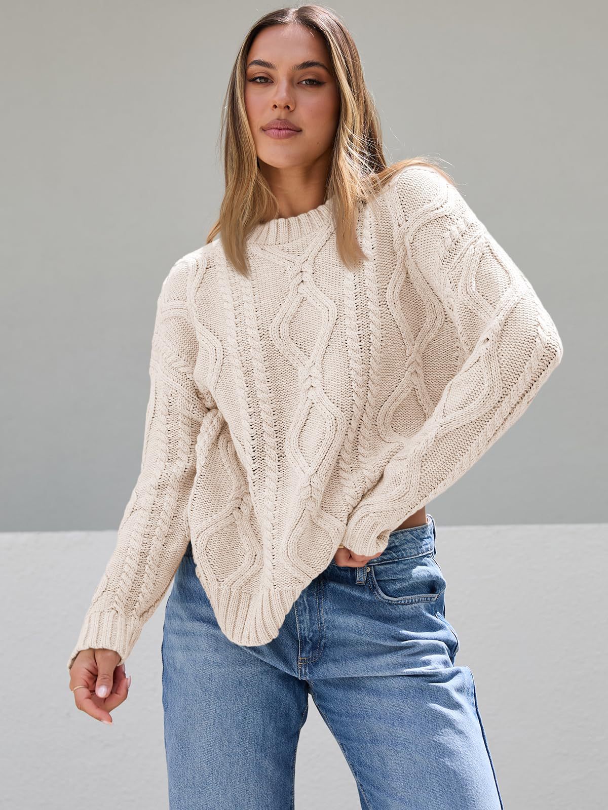 Damen Pullover Grobgestrickt Zopfmuster Norvielle