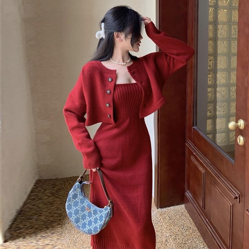 Damen Strickkleid mit Cardigan und Knöpfen