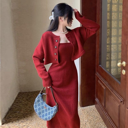 Damen Strickkleid mit Cardigan und Knöpfen