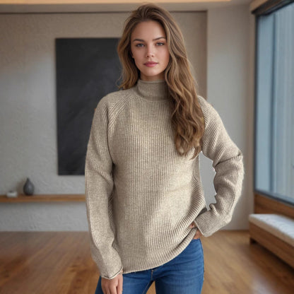 Damen Rollkragenpullover Weicher Grobstrick Beige