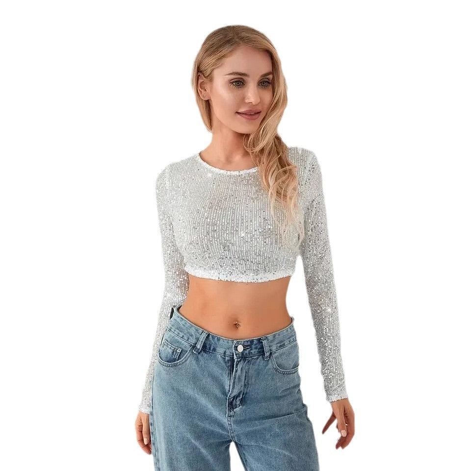 Damen Glitzerndes Crop- Langärmlig Figurbetont Norvielle