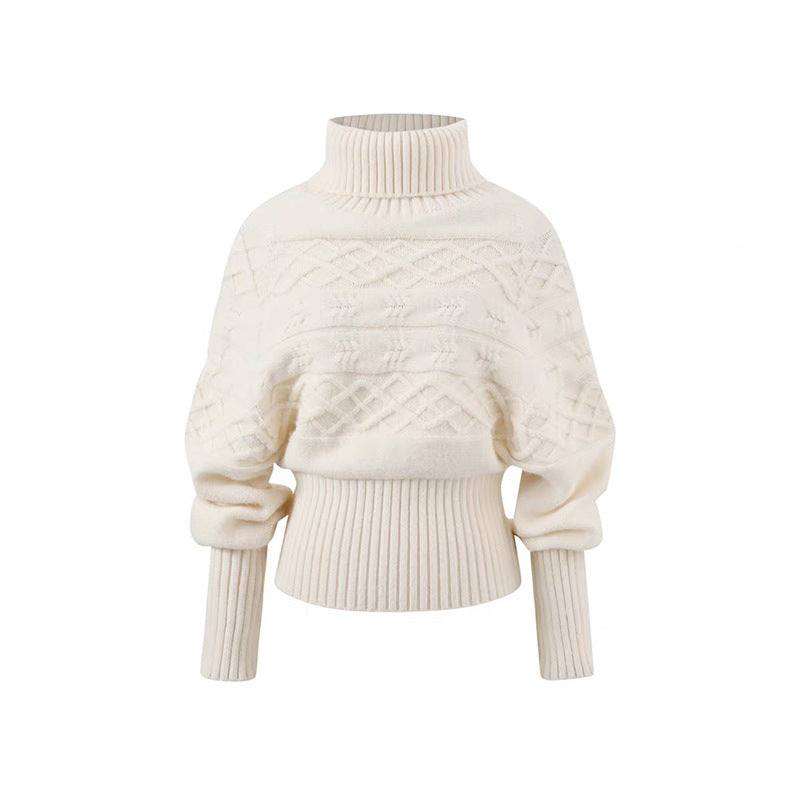 Damen Grobstrickpullover Hochkragen Kabelmuster Beige
