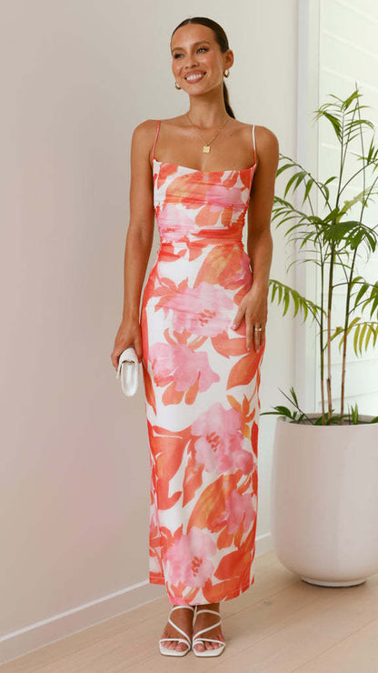 Damen Maxikleid Florales Muster Schmale Träger Norvielle