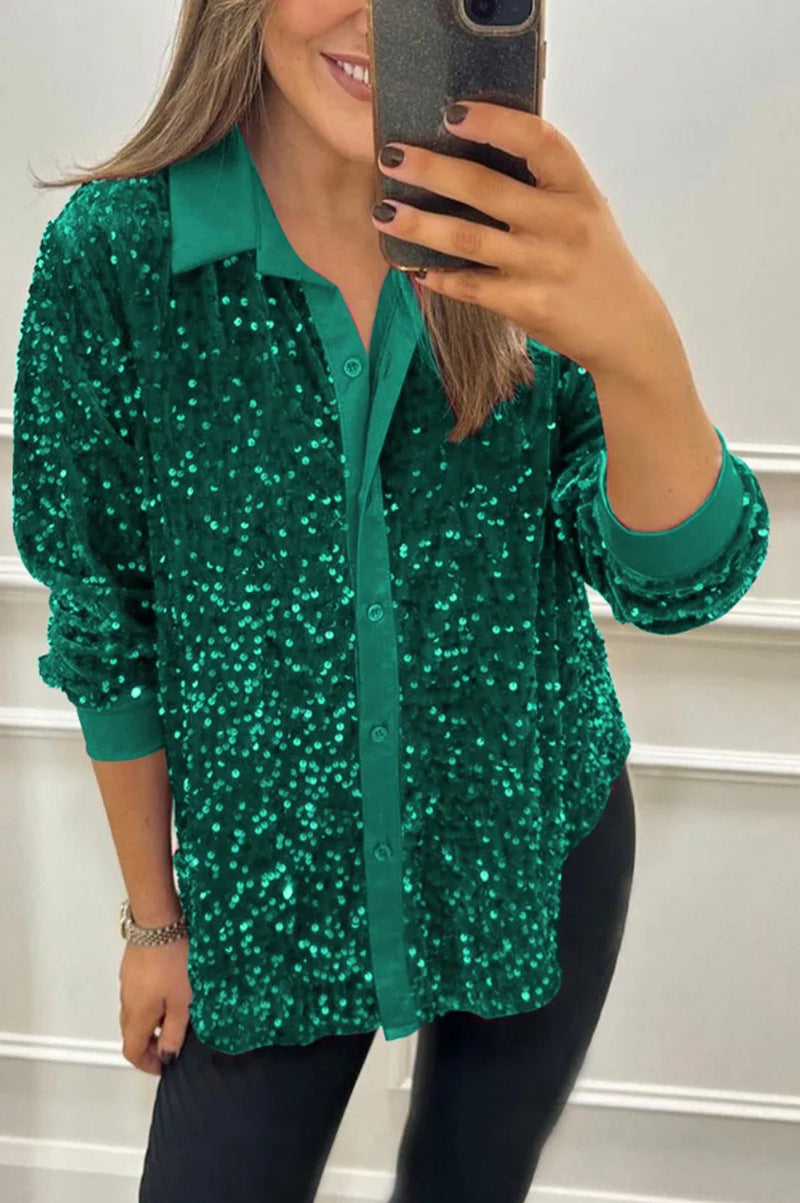 Damen Paillettenbluse Klassischer Kragen Langer Ärmel Norvielle