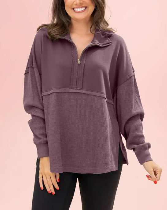 Damen Pullover Halb-Reißverschluss Voluminöse Ärmel Norvielle