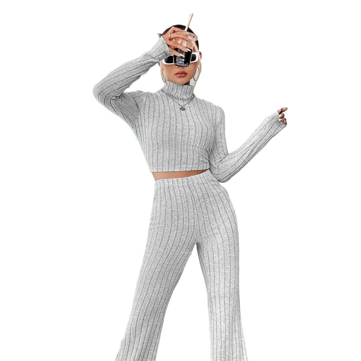 Damen Cropped Pullover Hohe Taille Weites Bein Norvielle