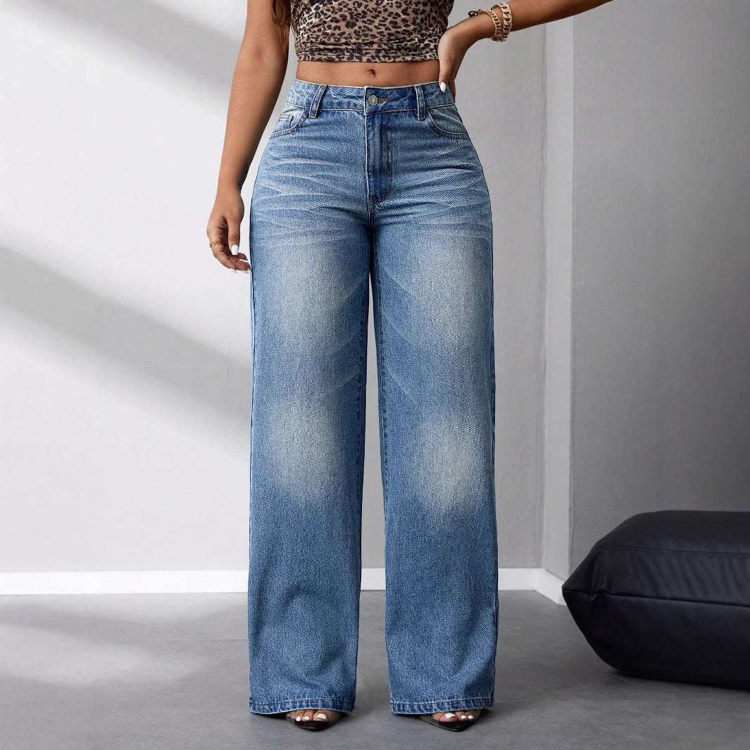 Damen High-Waist Jeans Weit Vintage-Stil Blau - Norvielle
