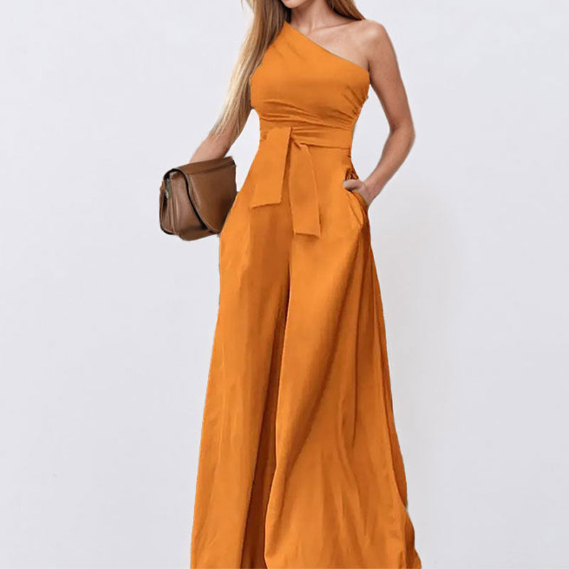 Damen One-Shoulder Jumpsuit mit Taillengürtel und weiten Beinen