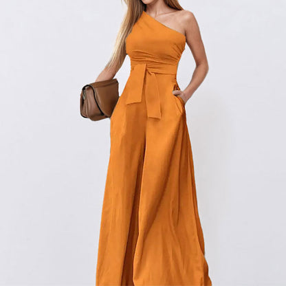 Damen One-Shoulder Jumpsuit mit Taillengürtel und weiten Beinen