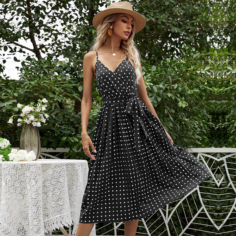 Damen Midikleid mit Gürtel Polka Dot Muster