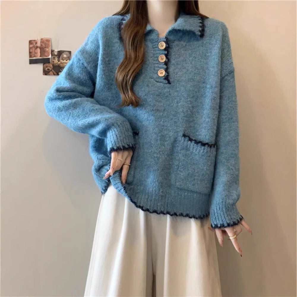 Damen Strickpullover mit Kragen und Knöpfen