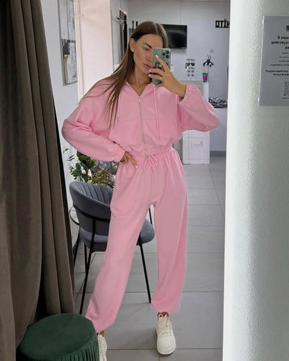 Damen Sportliches Kapuzen-Set Cropped Oberteil Jogginghosen Norvielle