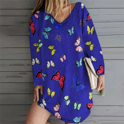 Damen Freizeitkleid Bunt Schmetterlingsmuster V-Ausschnitt