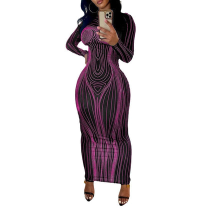 Damen Langarm-Maxikleid Figurbetont Modernes Grafikdesign