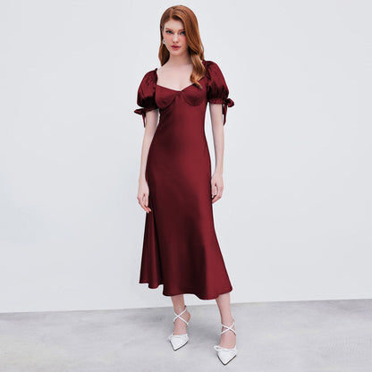 Damen Midi-Kleid mit Puffärmeln und V-Ausschnitt Norvielle