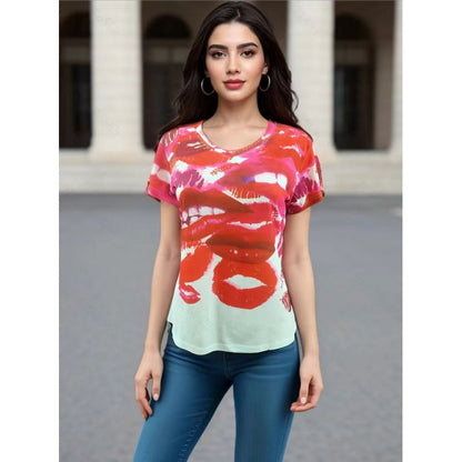 Damen T-Shirt mit Lippenmotiv Lässig Weiß