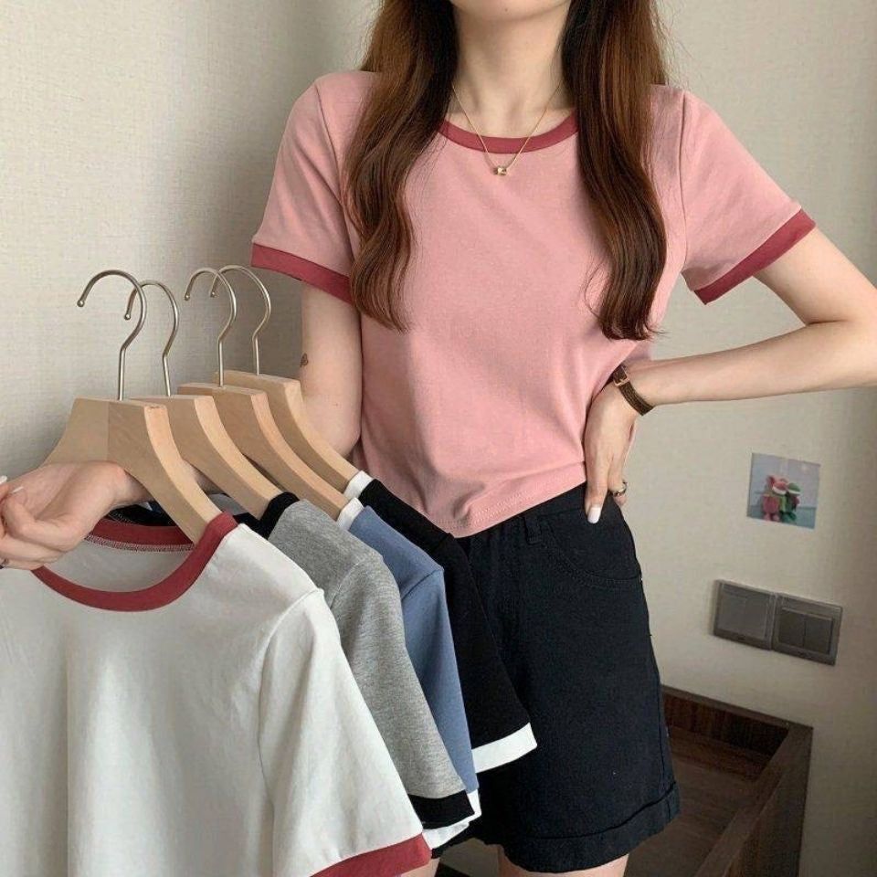 Damen T-Shirt Kurzarm Baumwolle Kontrastfarben Leicht