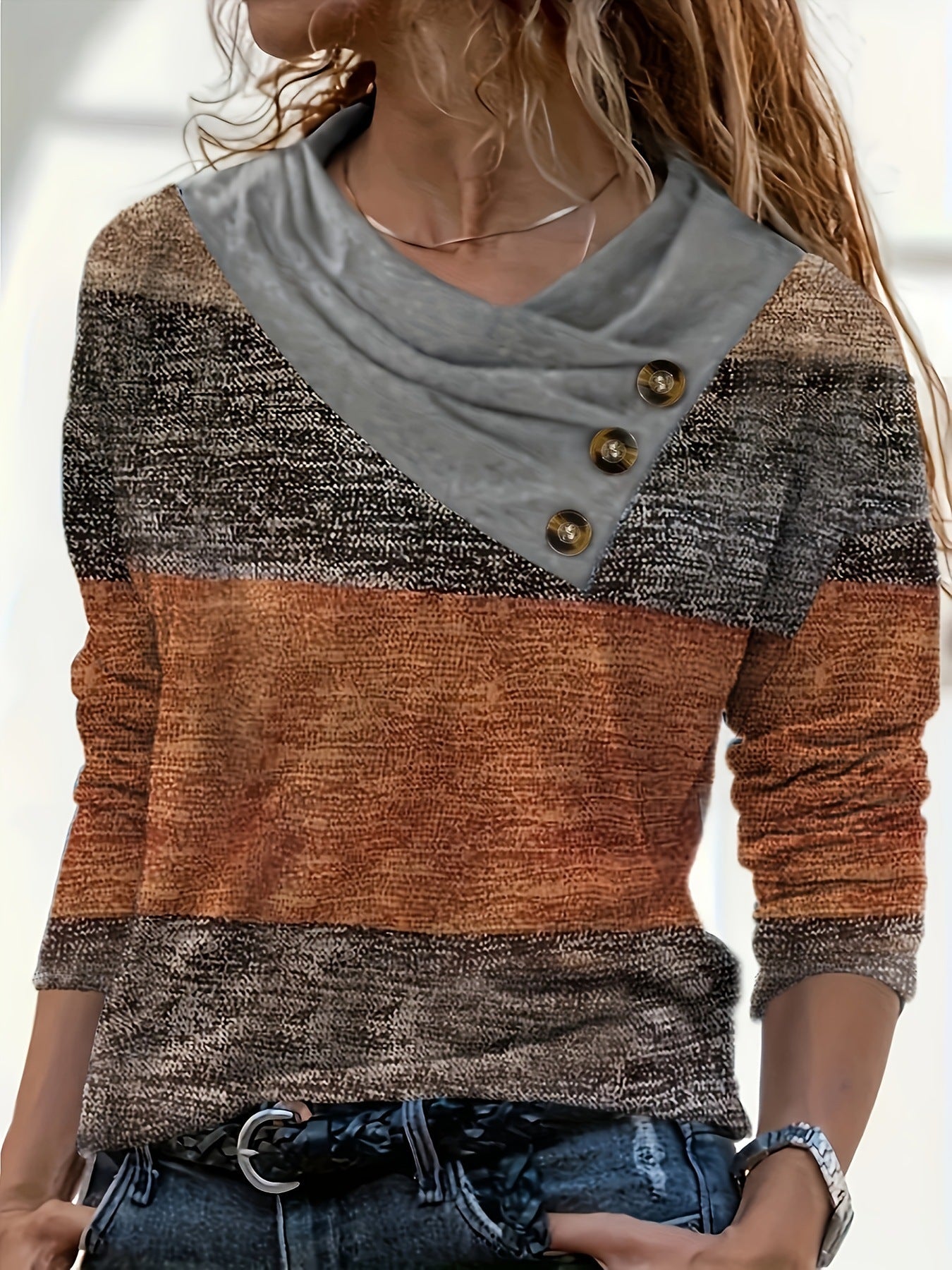 Damen Pullover Asymmetrischer Kragen Knopfdetails