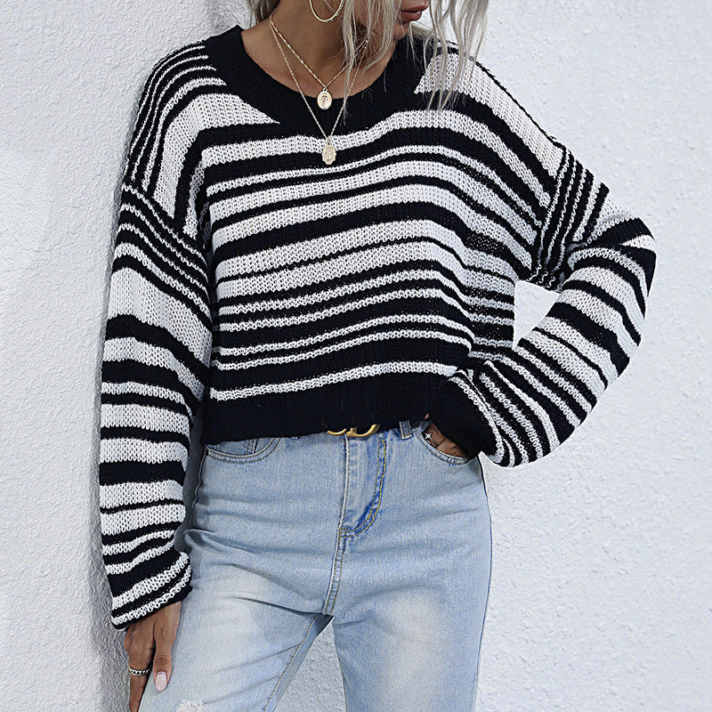 Damen Strickpullover Weit Modisches Streifenmuster Beige - Norvielle