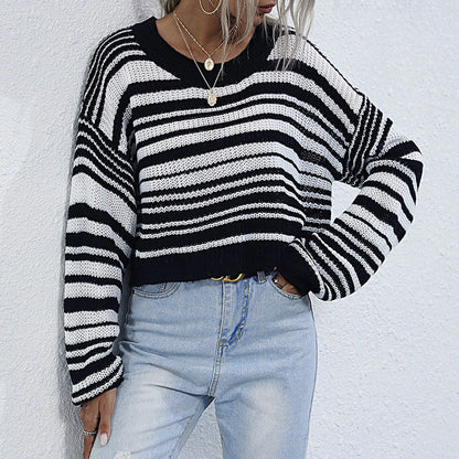 Damen Strickpullover Weit Modisches Streifenmuster Beige - Norvielle