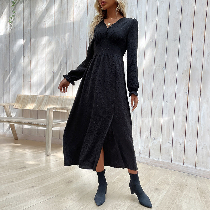 Damen Kleid Knielang Mit Knöpfen Dekorativ