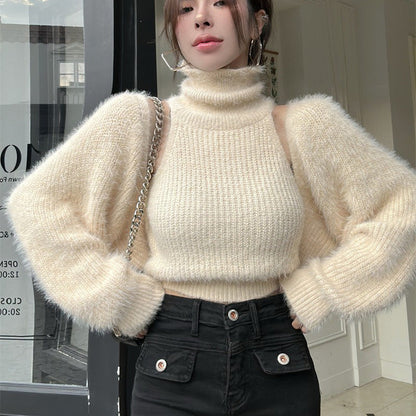 Damen Rollkragenpullover Puffärmel Norvielle