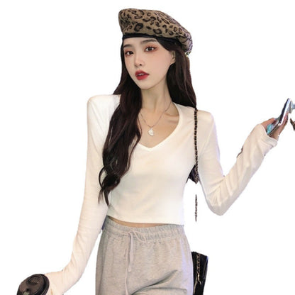 Damen Langarmshirt V-Ausschnitt Baumwolle Beige