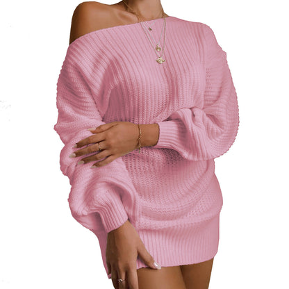 Damen Strickkleid Schulterfrei Voluminöse Ärmel Norvielle