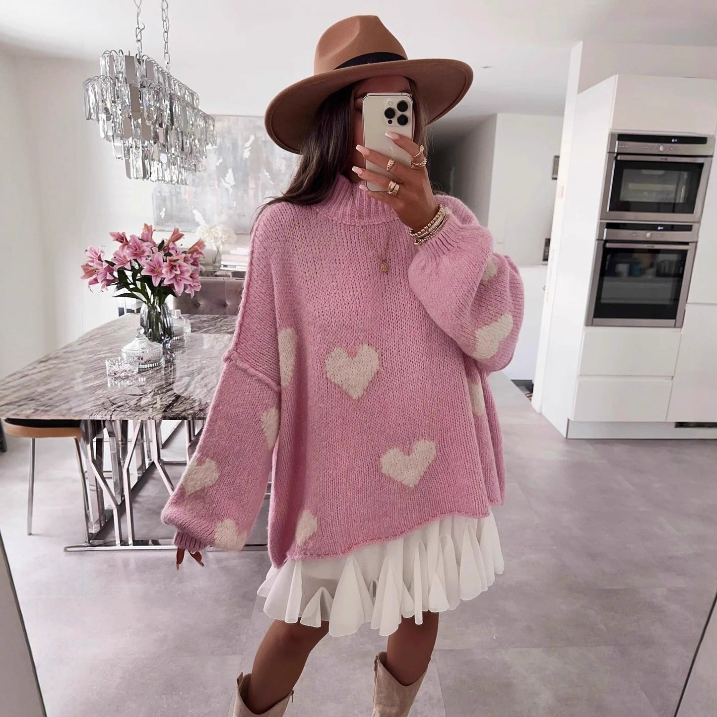 Damen Oversized-Pullover Herz-Muster Voluminöse Ärmel Norvielle