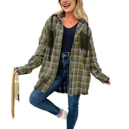Damen Karo-Hemdjacke Oversized mit Fransen Details Norvielle