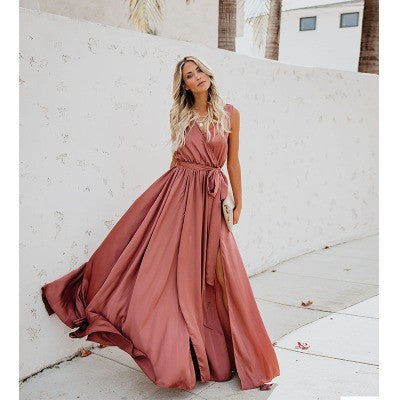 Damen Maxikleid Hohe Teilung Elegant Taillengürtel Norvielle - Norvielle